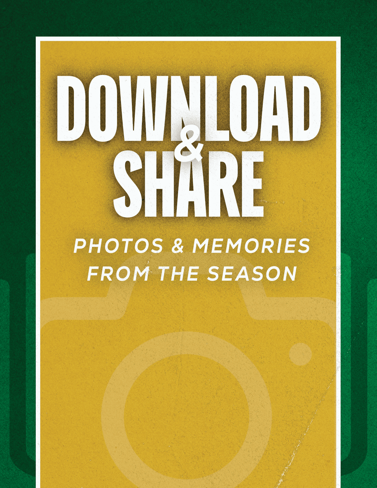 Download and share photos and memories from the season with bold white text on a gold background. Description generated by AI