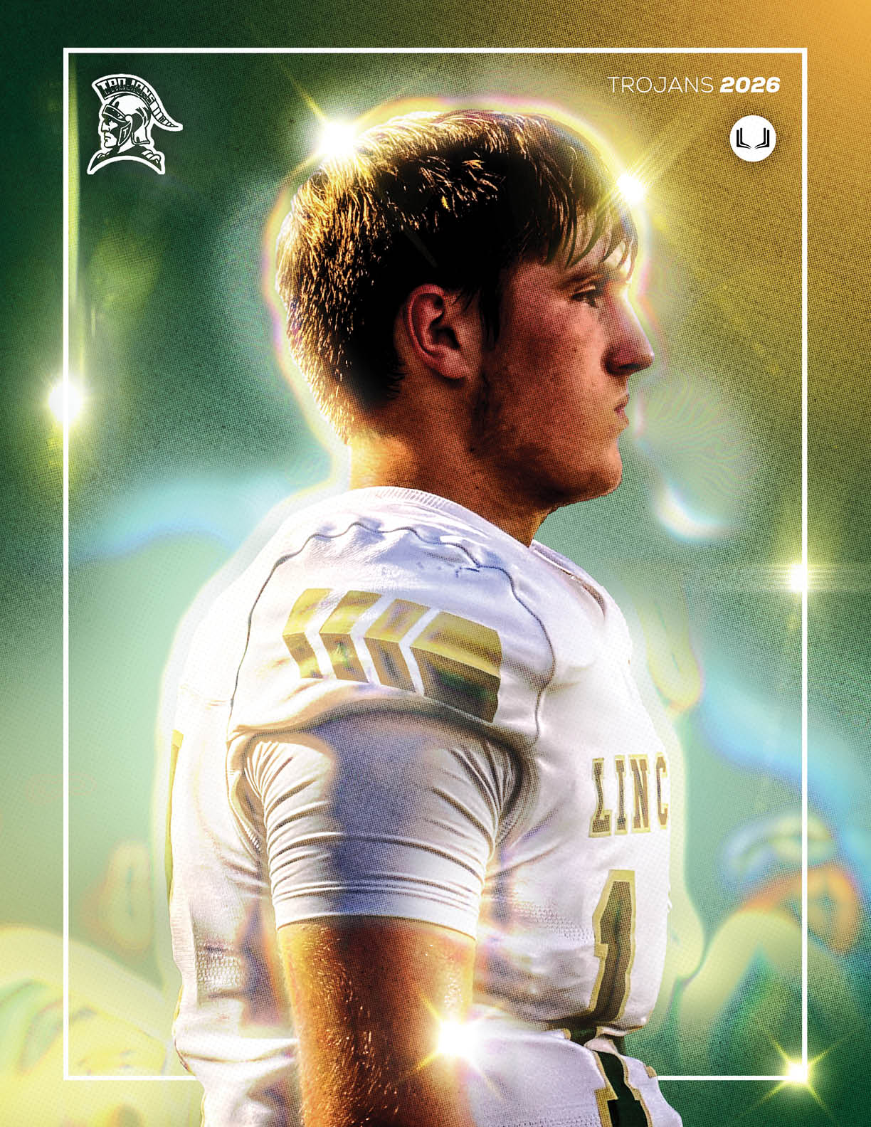 A person wearing a white sports jersey with the number 4 stands in profile against a glowing, colorful background with the text Trojans 2020. Description generated by AI