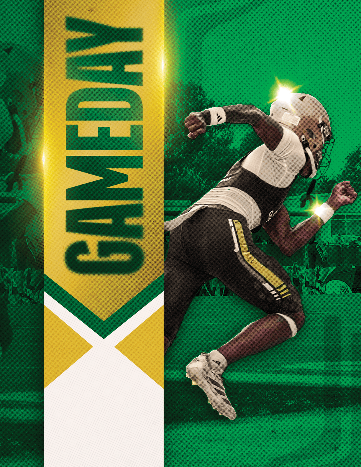 A person in football gear is running on a green field with the word GAMEDAY displayed vertically on a gold and white banner to the left. Description generated by AI