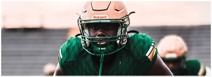 A person wearing a green football uniform and helmet is focused and ready on a field with blurred background figures. Description generated by AI