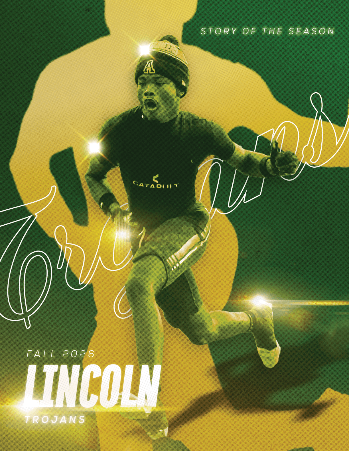 A person wearing athletic clothing and a beanie is running energetically with a baton in hand against a stylized background with text referencing a fall 2023 Lincoln Trojans track event. Description generated by AI