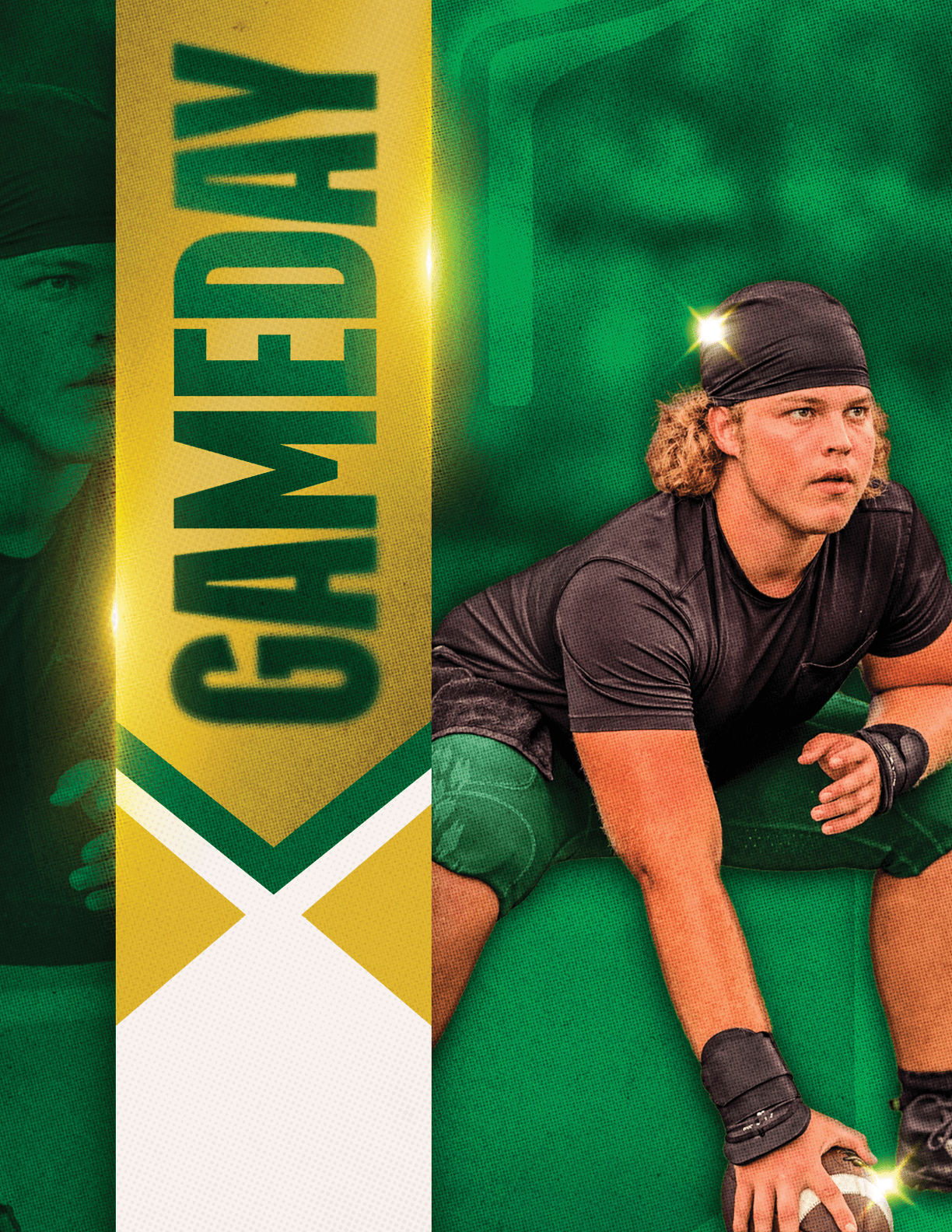 A person wearing a black headband, black shirt, and green pants is crouched down holding a football on a green field with a vertical banner reading GAMEDAY beside them. Description generated by AI