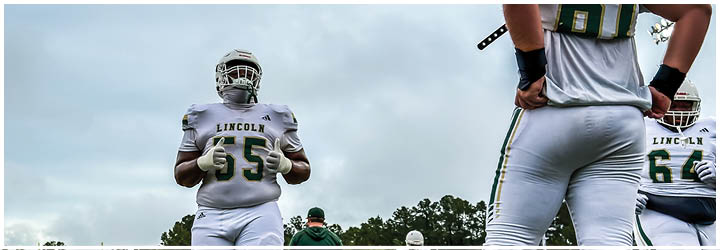 A person wearing a white football helmet and jersey is seen from behind against a cloudy sky. Description generated by AI