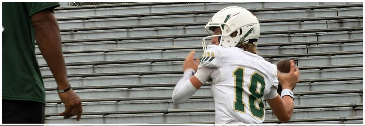 A person wearing a white football uniform with the number 18 is preparing to throw a football while another person in a green shirt stands nearby in front of empty bleachers. Description generated by AI