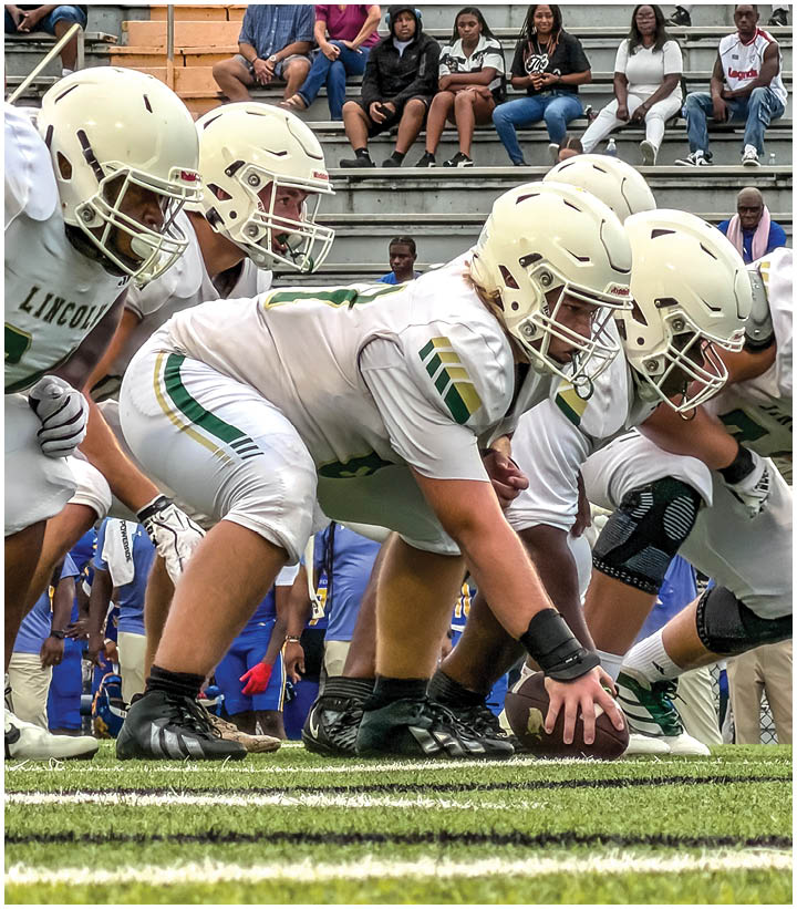 A group of football players in white uniforms and helmets are lined up on the field in a crouched position ready for the snap, with spectators seated in the bleachers behind them. Description generated by AI