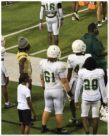 Several people including football players in white uniforms with helmets and a person in casual clothing stand on a sports field near the sidelines during a game. Description generated by AI