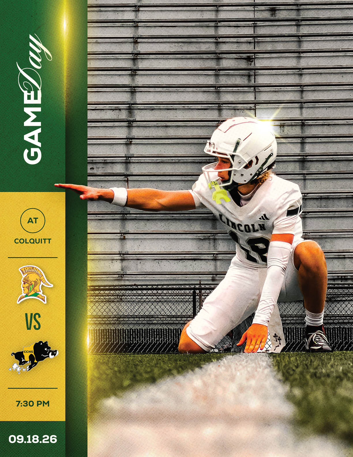 A person in a white football uniform and helmet is crouched on a field pointing forward with a stadium bleacher background and a graphic indicating a game day between Colquitt and an opposing team. Description generated by AI