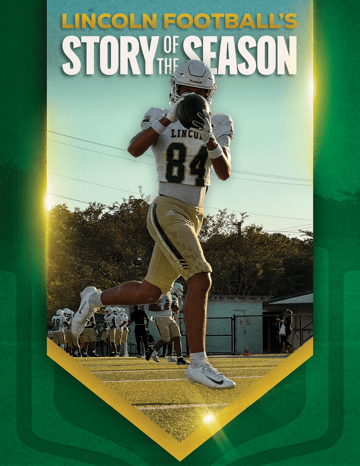A person wearing a football uniform with the number 84 is catching a football on a field with other players and a building in the background under a clear sky. Description generated by AI