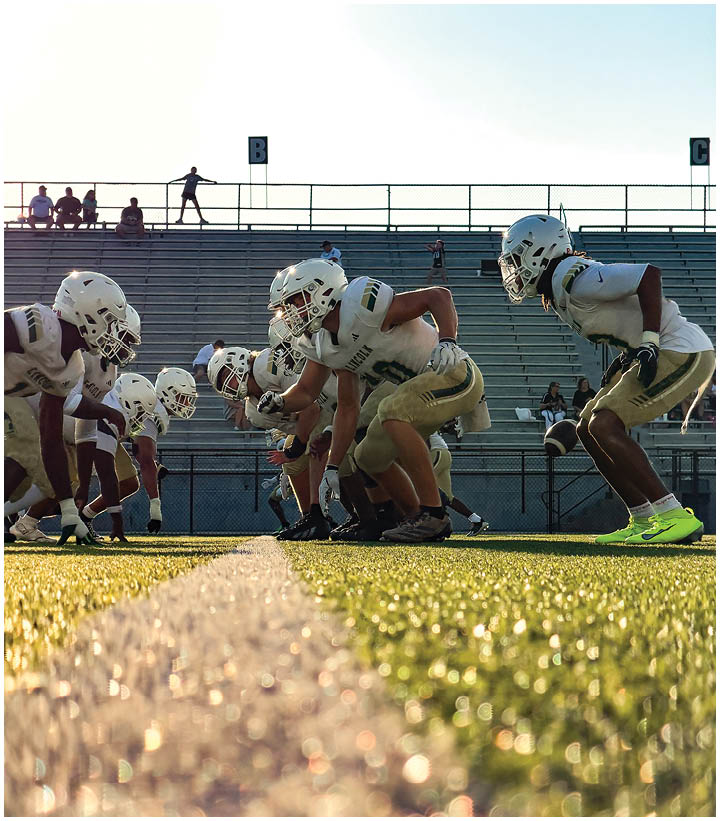 Two opposing football teams in white and gold uniforms are lined up on a green field facing each other, preparing for a play with empty bleachers and a few spectators in the background. Description generated by AI