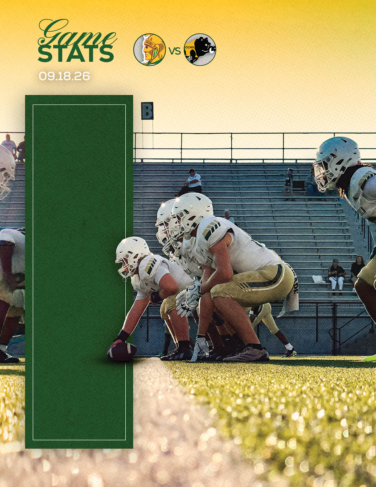 A group of football players in white and gold uniforms are lined up on a field preparing for a play with empty bleachers in the background and a graphic overlay showing game stats and team logos. Description generated by AI