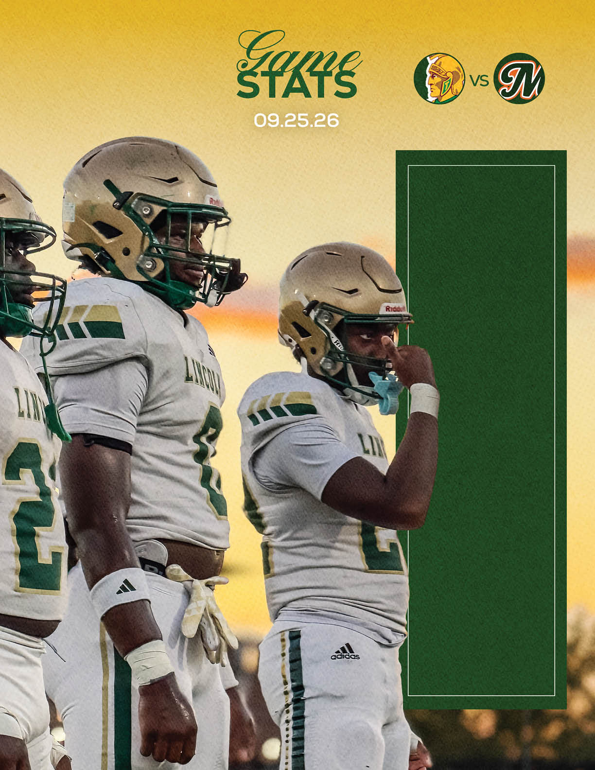 Three people in football uniforms and helmets stand side by side on a field during sunset with a graphic showing game stats and team logos above them. Description generated by AI