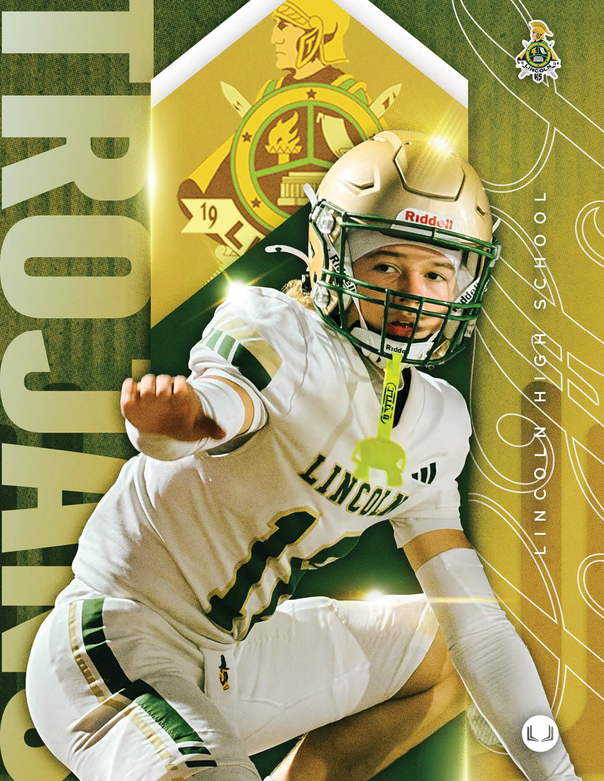 A person in a football uniform and helmet is crouched in a ready position with a green and gold background featuring a crest and the word “TROJANS." Description generated by AI