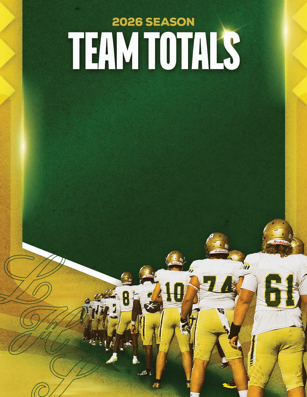 A line of people wearing white and gold football uniforms with numbers on their backs stand on a yellow and green background with the text 2026 season team totals at the top. Description generated by AI