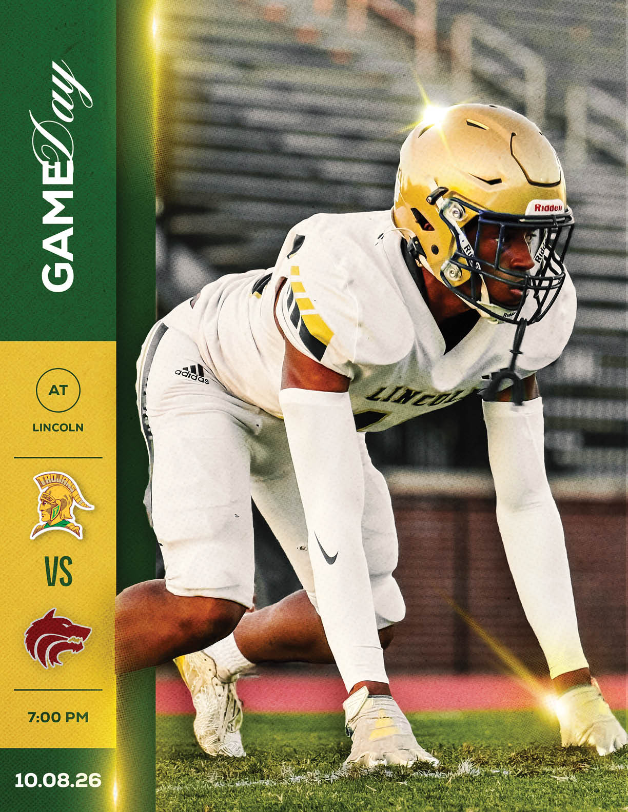 A person in a football uniform and helmet is crouched in a ready position on a field with a stadium background, alongside a graphic indicating a game day between Lincoln and an opposing team with a bear logo. Description generated by AI