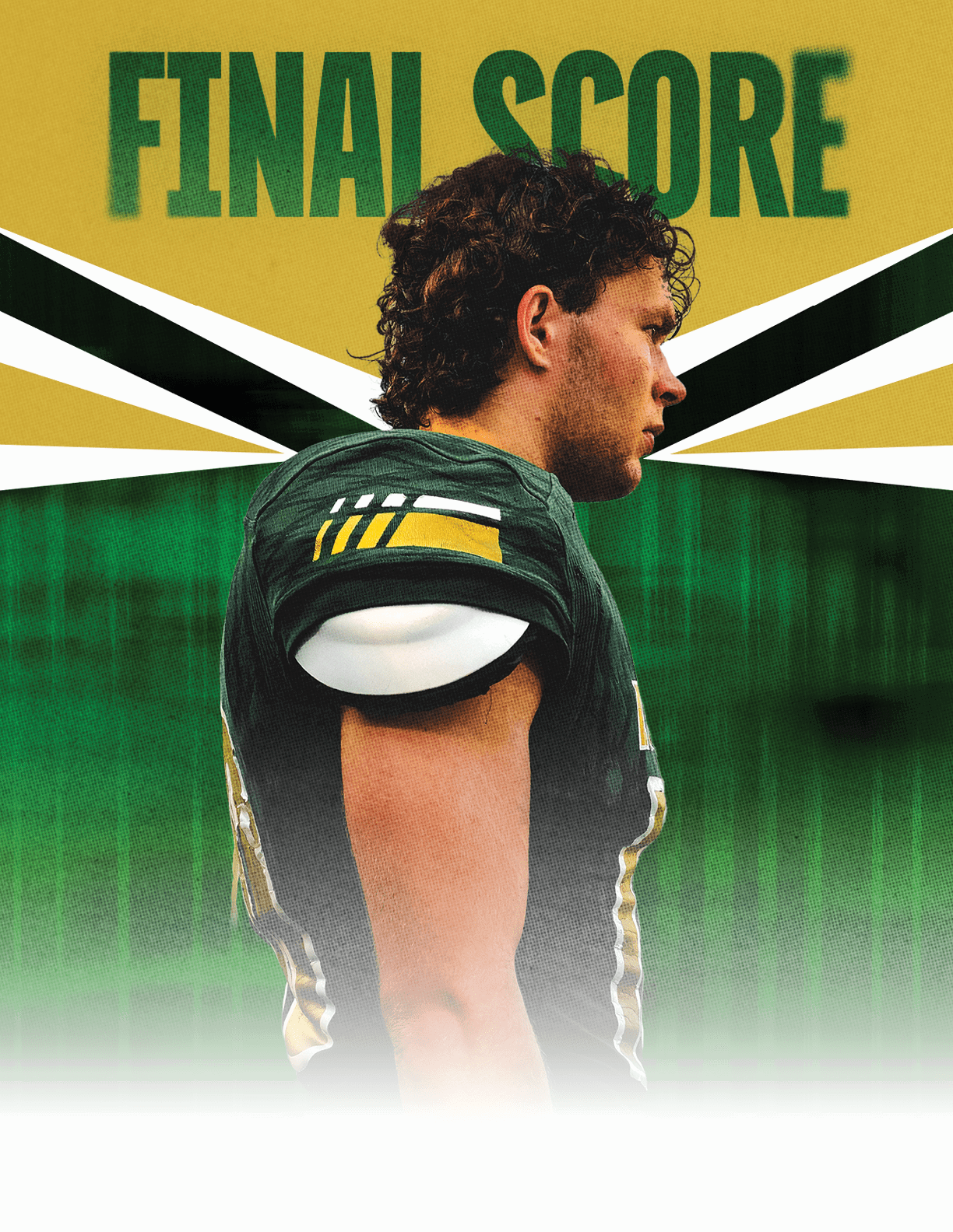 A person wearing a dark green sports jersey with yellow and white stripes stands in profile against a background with the words “FINAL SCORE" in bold green letters. Description generated by AI