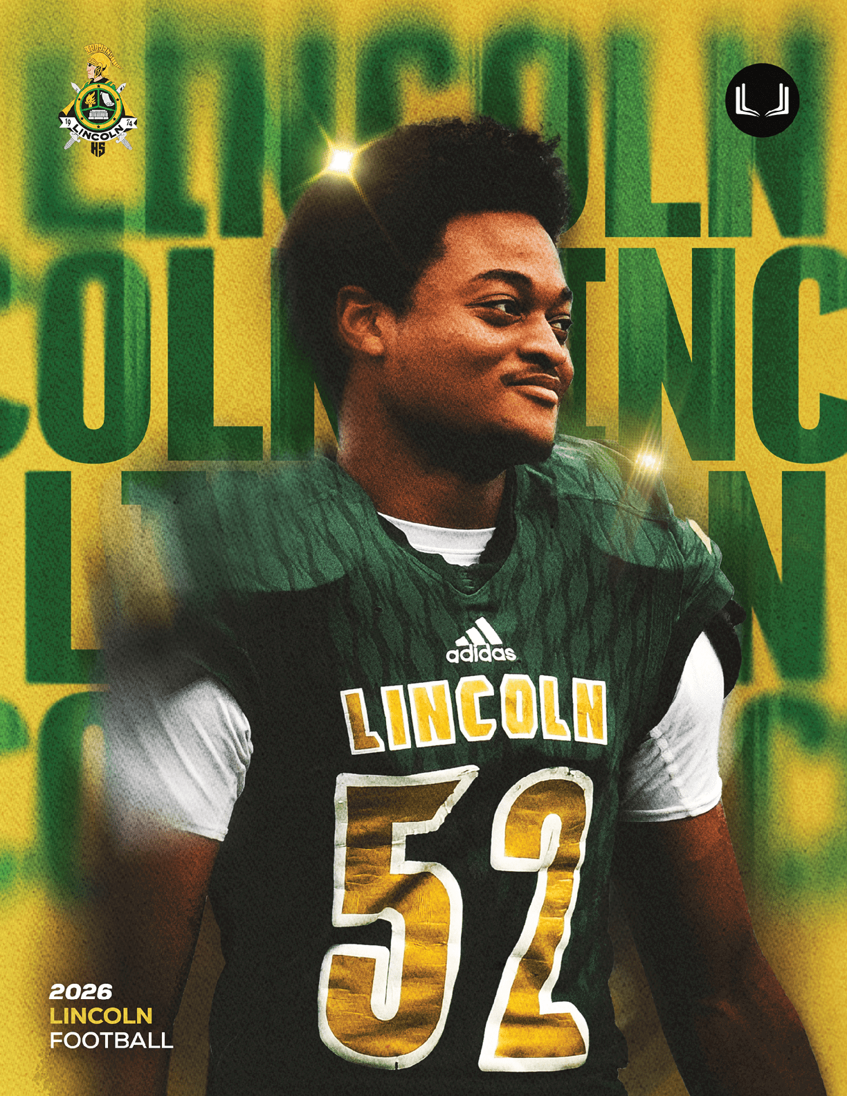 A person wearing a green and white football jersey with the number 52 and the word Lincoln stands against a background with large yellow and green text. Description generated by AI