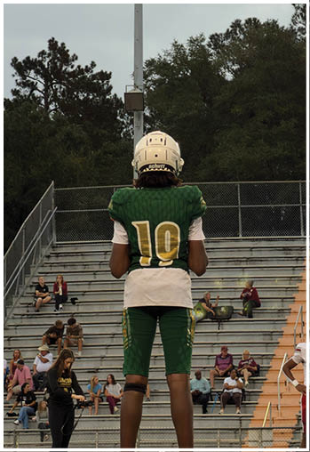 A person wearing a green sports jersey with the number 10 and a helmet stands on bleachers under bright stadium lights against a cloudy sky. Description generated by AI