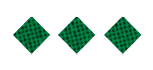 Three green diamond shapes with a black grid pattern arranged in a horizontal row on a white background. Description generated by AI