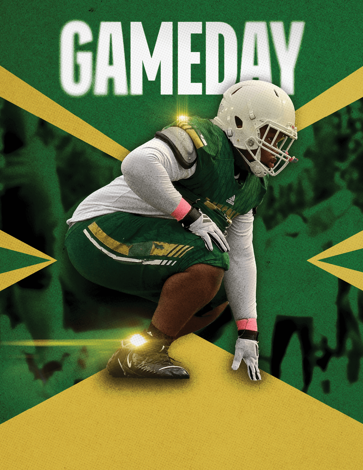 A person in football gear crouches in a ready position on a green and gold background with the word GAMEDAY above. Description generated by AI