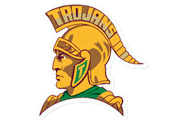 A stylized profile illustration of a person wearing a golden Trojan helmet with a plume and green and gold armor, accompanied by the word “TROJANS" above. Description generated by AI