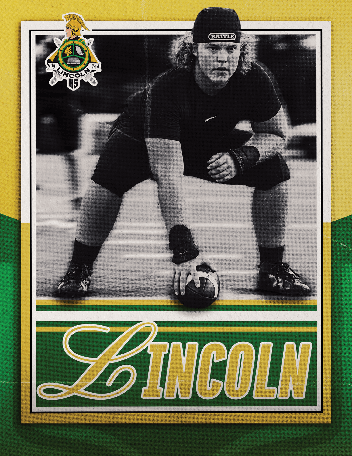 A person wearing athletic clothing and wristbands is crouched in a ready position holding a football on a field with a green and gold border and the word Lincoln in large letters below. Description generated by AI