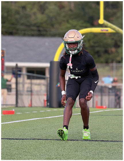 An adult wearing a football helmet and athletic clothing is crouched on a football field facing another person holding a football. Description generated by AI