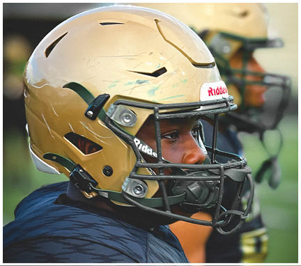 Two people wearing gold football helmets with faceguards are shown in close-up, focusing on the helmets and part of their faces. Description generated by AI