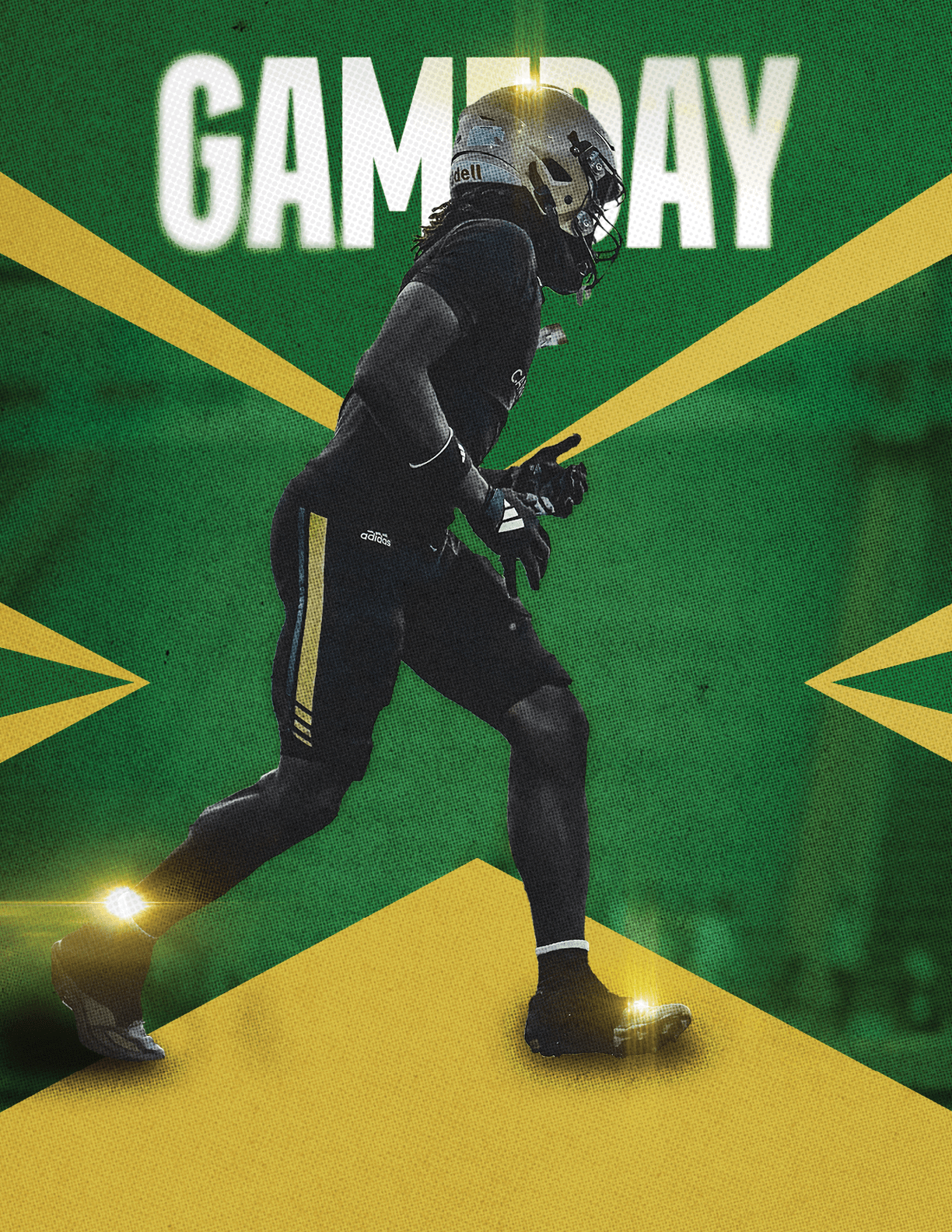 A person in black athletic gear and a helmet is running on a field with a green and yellow background and the word GAMEDAY in bold white letters above. Description generated by AI