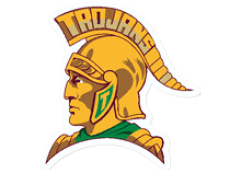 A stylized illustration of a Trojan warrior wearing a golden helmet with the word “TROJANS" written above in bold letters. Description generated by AI