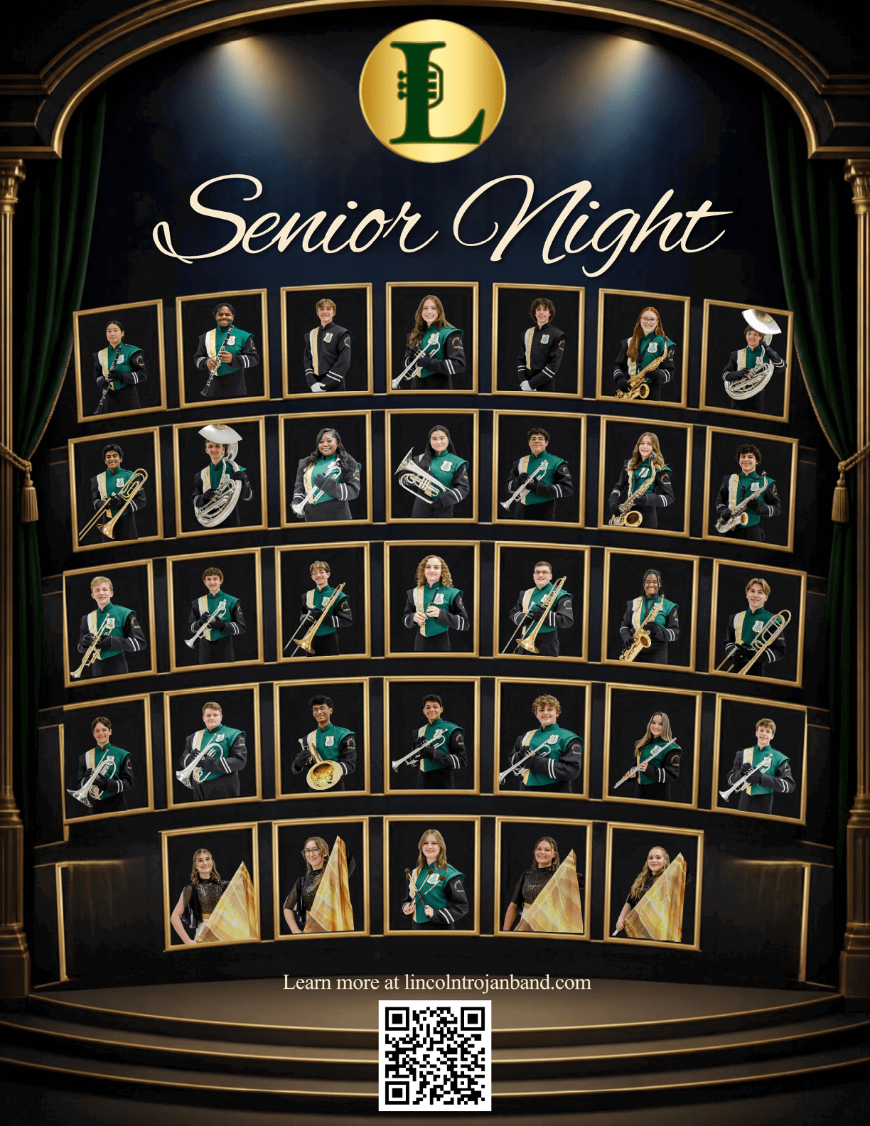 A formal collage of portraits shows adults in green and black band uniforms holding various musical instruments arranged in rows under the heading Senior Night with a logo and a QR code at the bottom. Description generated by AI