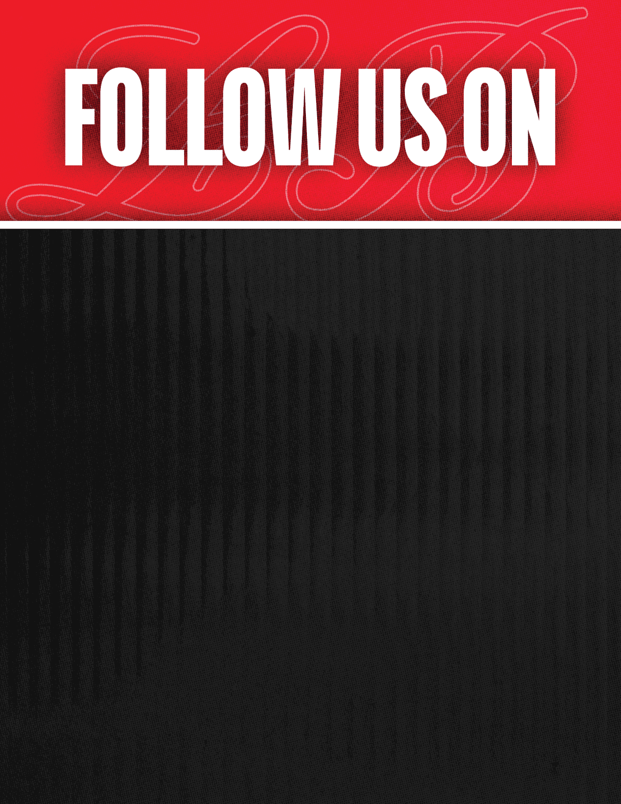A black and red sign that says Follow Us On. Description generated by AI
