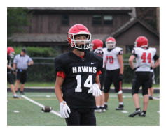 A person wearing a red helmet and black football uniform with the number 14 stands on a football field while other players and a referee are visible in the background. Description generated by AI