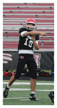 Two people wearing red helmets and black football uniforms are on a football field, with one person preparing to throw a football and the other in a blocking stance. Description generated by AI