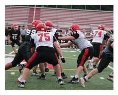 People wearing helmets and sports uniforms are playing football on a field with bleachers in the background. Description generated by AI