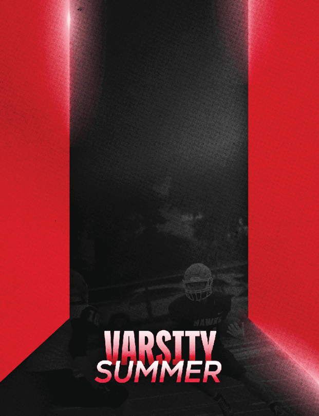 Two people wearing helmets and sports gear are positioned in a dark setting with a bold red and black background and the words “VARSITY SUMMER" displayed prominently. Description generated by AI