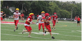 People wearing red and white football uniforms are playing on a green field with trees and buildings in the background. Description generated by AI