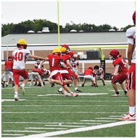 Children wearing helmets and football uniforms are playing a game on a green field with goalposts and a building in the background. Description generated by AI
