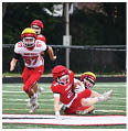 Four people in football uniforms are actively playing on a field with two players wearing red and two wearing white and red, with one player in red falling while holding the ball. Description generated by AI