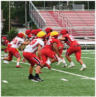 People wearing red and white football uniforms are engaged in a play on a green field with empty bleachers in the background. Description generated by AI