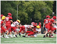 A group of people wearing red and white football uniforms are actively engaged in a tackle on a green football field with trees in the background. Description generated by AI