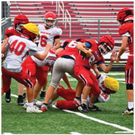 Children wearing red and white football uniforms are actively playing on a green field with red bleachers in the background. Description generated by AI