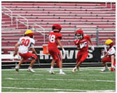 Children in football uniforms are playing on a field with empty bleachers in the background. Description generated by AI