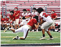 Two people wearing athletic clothing are engaged in a football game on a turf field, with one person diving or falling and the other standing nearby. Description generated by AI