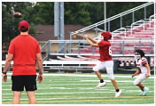 A person in a red shirt and black shorts watches two children in football gear, one jumping to catch a football on a green field with bleachers in the background. Description generated by AI