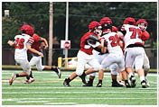 Several people wearing red helmets and football uniforms are actively engaged in a play on a green football field. Description generated by AI