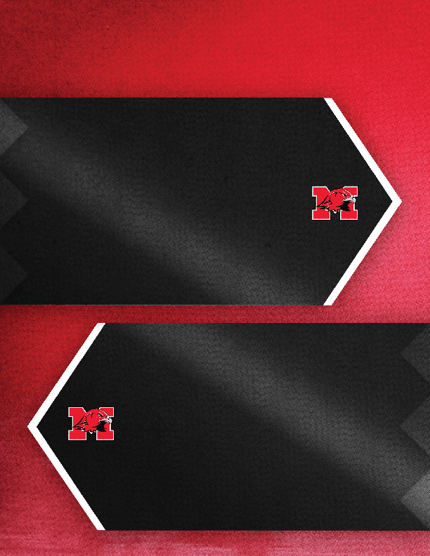 Two black arrow-shaped banners with white borders and red logos featuring a stylized letter M and a hawk head are set against a textured red background. Description generated by AI