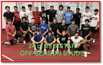 A group of people wearing matching sports shirts posing together indoors in a well-lit room with flags hanging in the background. Description generated by AI