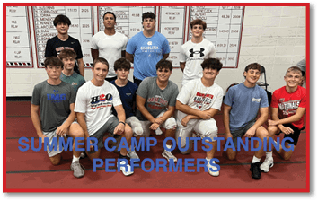 A group of young people wearing casual athletic clothing pose together indoors on a gym floor with a wall of sports records behind them and text overlay reading summer camp outstanding performers. Description generated by AI