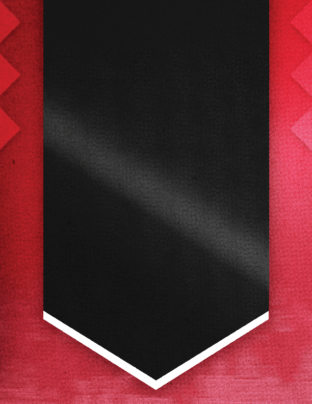 A black vertical banner with a white border at the bottom is centered on a red textured background with a zigzag pattern on the sides. Description generated by AI