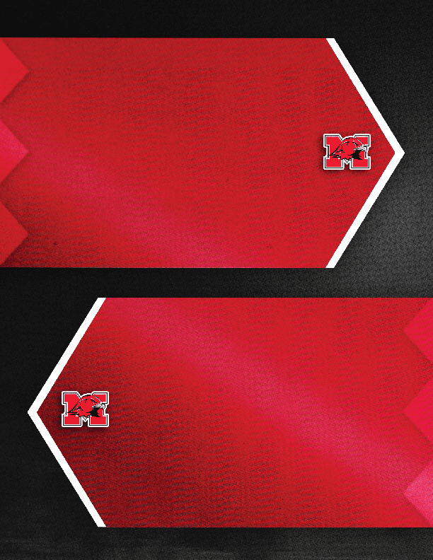 Two red hexagonal shapes with white borders and a small logo featuring a red letter M and a bird are set against a dark textured background. Description generated by AI